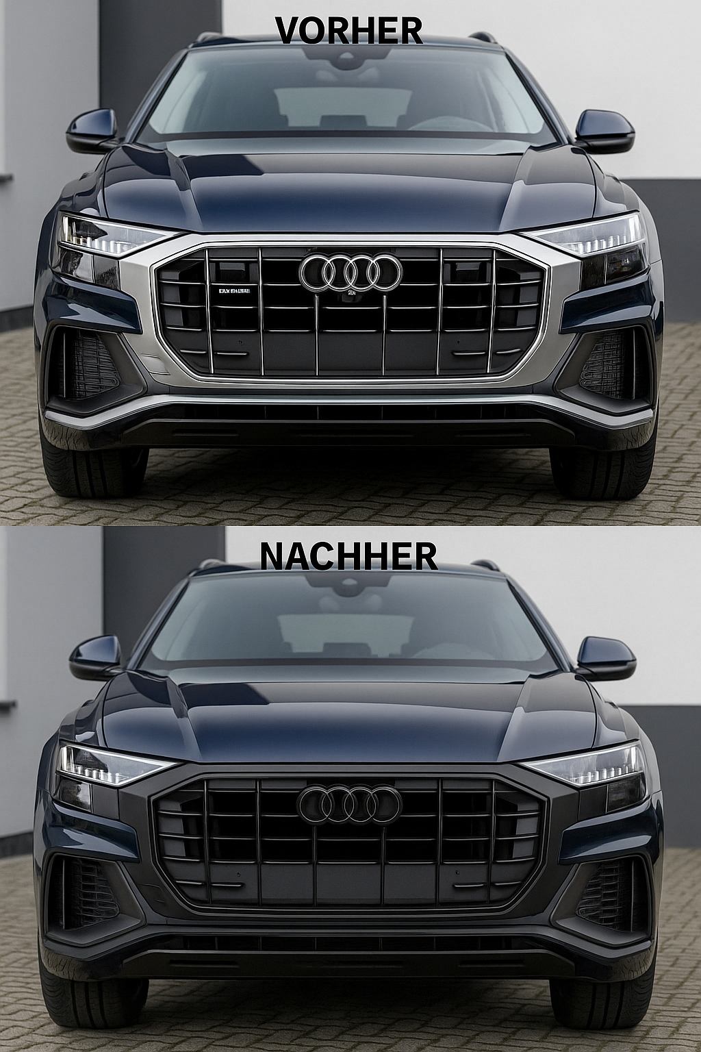 Chromleisten folieren Vorher Nachher – Audi Q8 Kühlergrill Piano-Schwarz