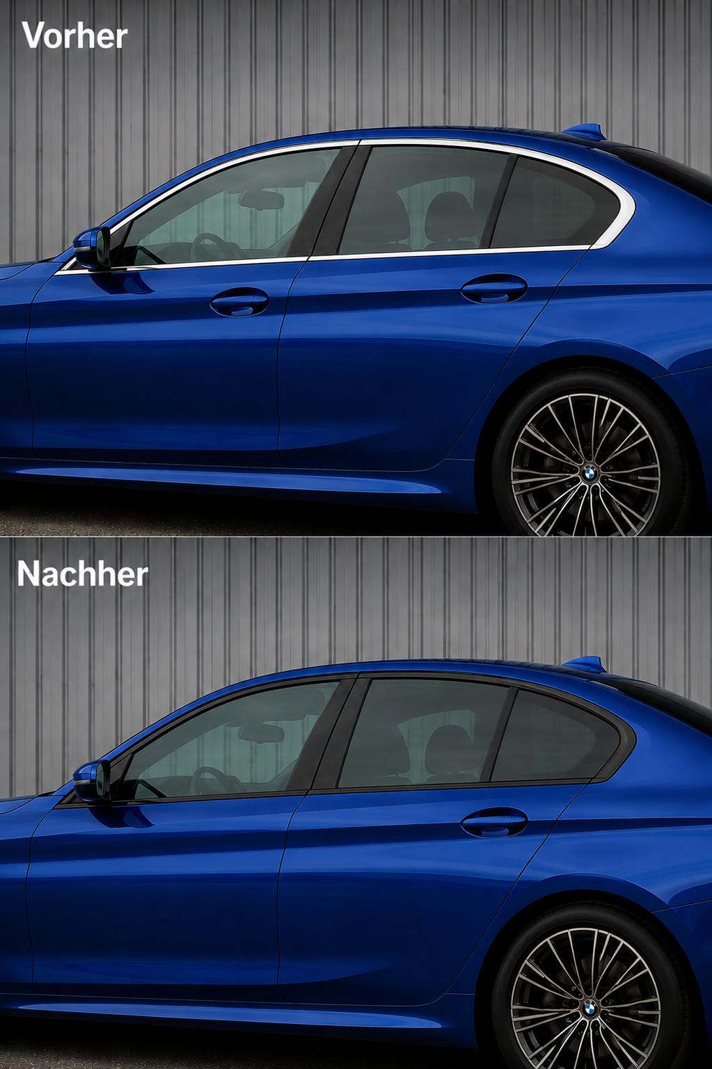 Chromleisten folieren Vorher Nachher – BMW 5er Fensterschacht geschwärzt