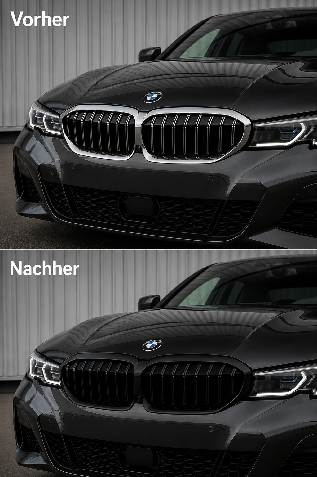 Chromleisten folieren Vorher Nachher – BMW 3er Kühlerniere Piano-Schwarz